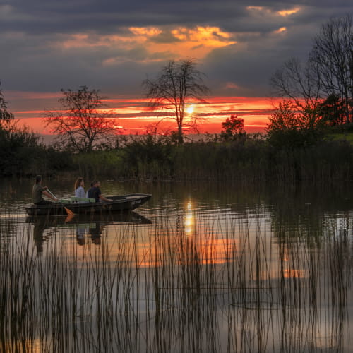 Balade en barque au coucher du soleil à l'étang de Saint-Bresson